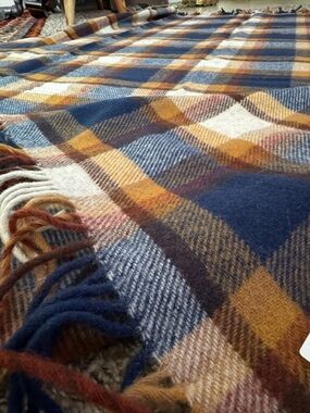 Pendleton Plaid Wool Throw Blanket in Navy, Mustard & Cream- remnant textile